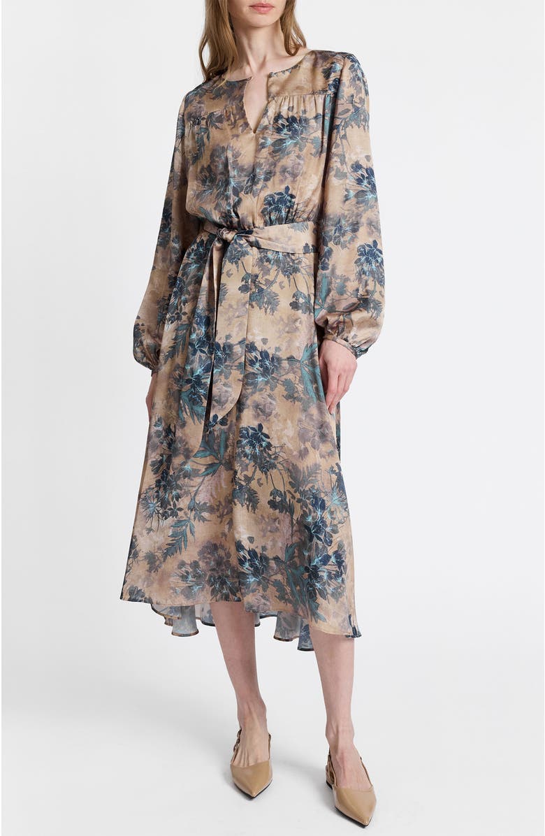 Santorelli Aubree Long Sleeve Midi Dress in Floral Print, Main, color, Dune