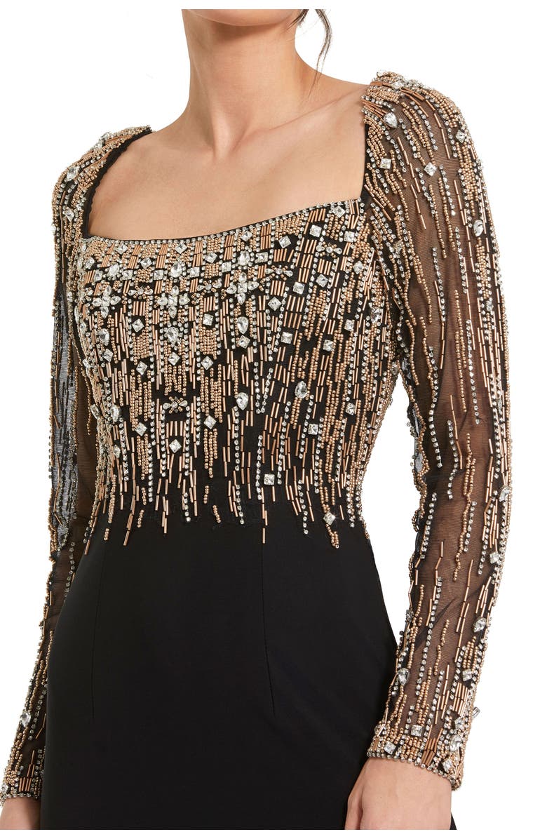 Mac Duggal Beaded Square Neck Long Sleeve Jersey Gown, Alternate, color, Black Gold