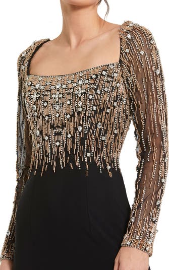 Mac Duggal Beaded Square Neck Long Sleeve Jersey Gown