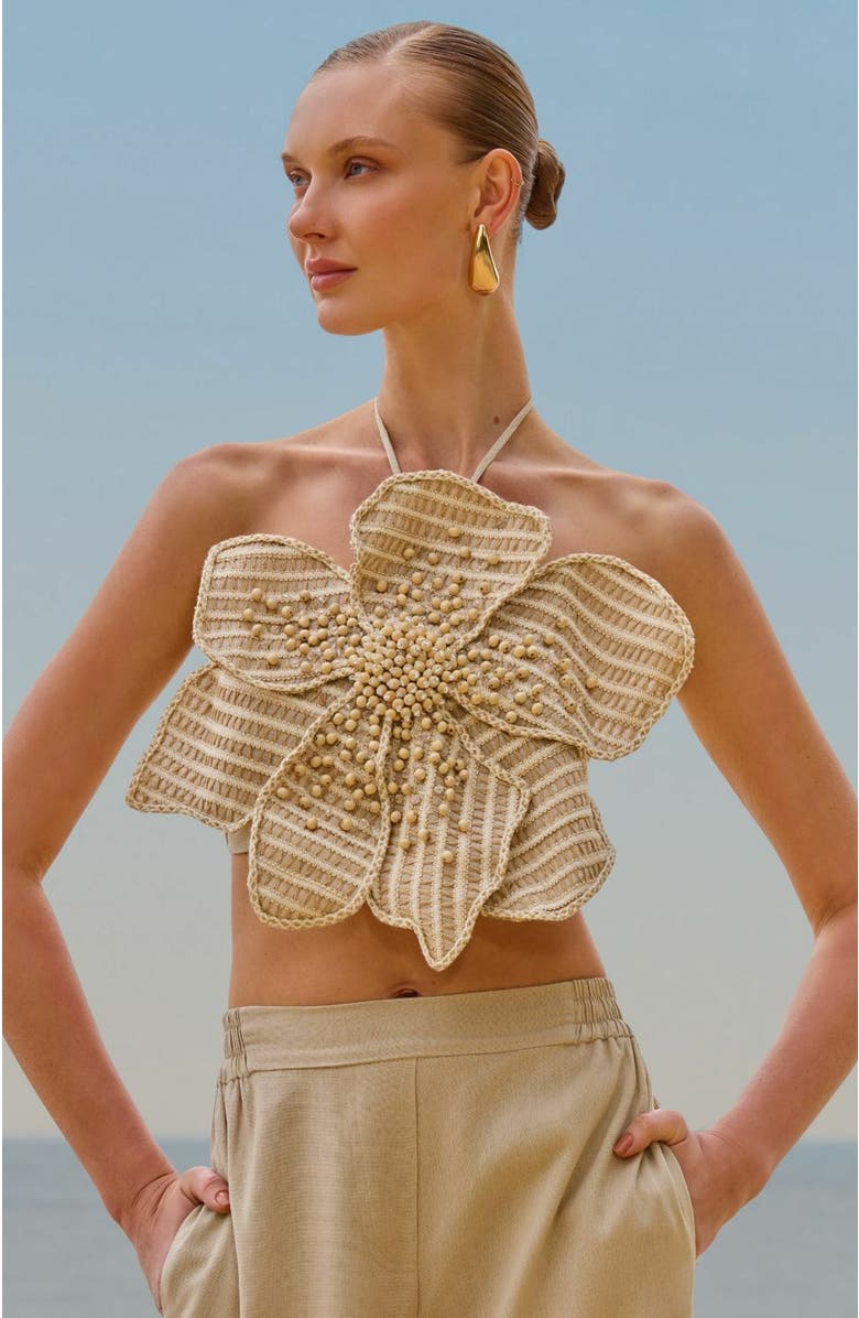 PatBO Candy Linen Hand-Beaded Flower Top, Alternate, color, Natural