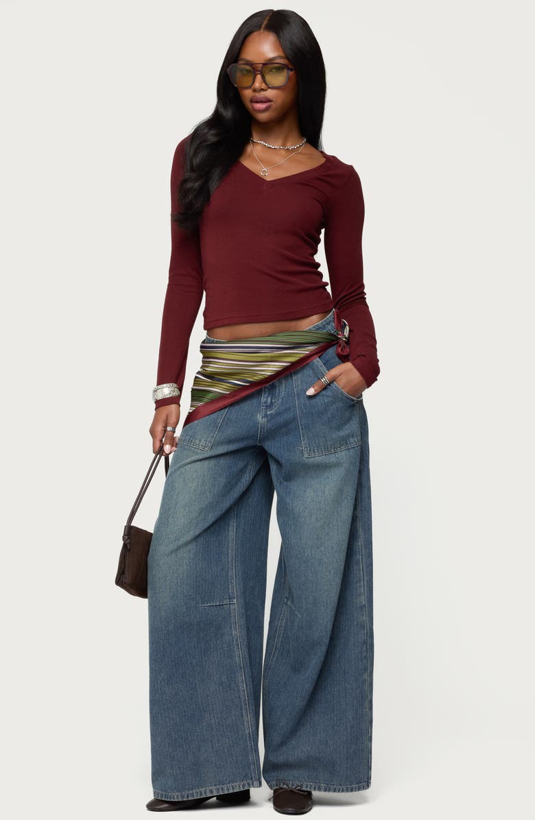 EDIKTED Larna Ribbed V-Neck Long Sleeve T-Shirt, Alternate, color, Burgundy