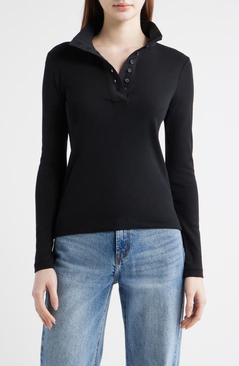 Half Button Turtleneck Cotton Top