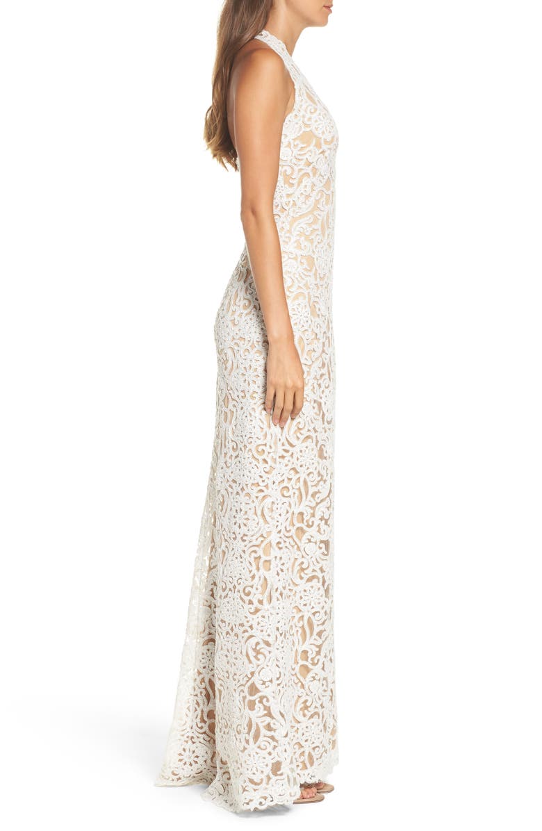 Tadashi Shoji Halter Sequin Lace Column Wedding Dress, Alternate, color, 