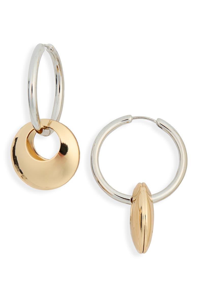 Two-Tone Disc Drop Hoop Earrings, Main, color, GOLD-SILVER