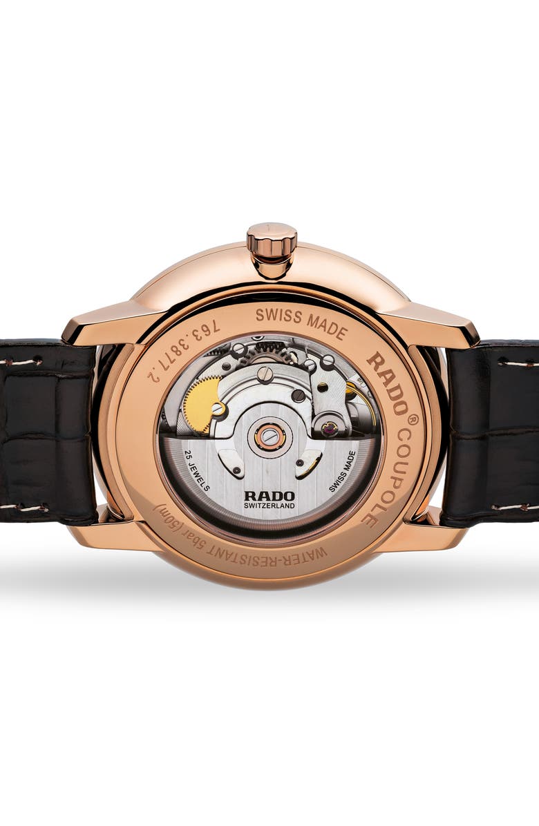 RADO Coupole Classic Automatic Embossed Leather Strap Watch, 41mm, Alternate, color, Brown/White/Rose Gold