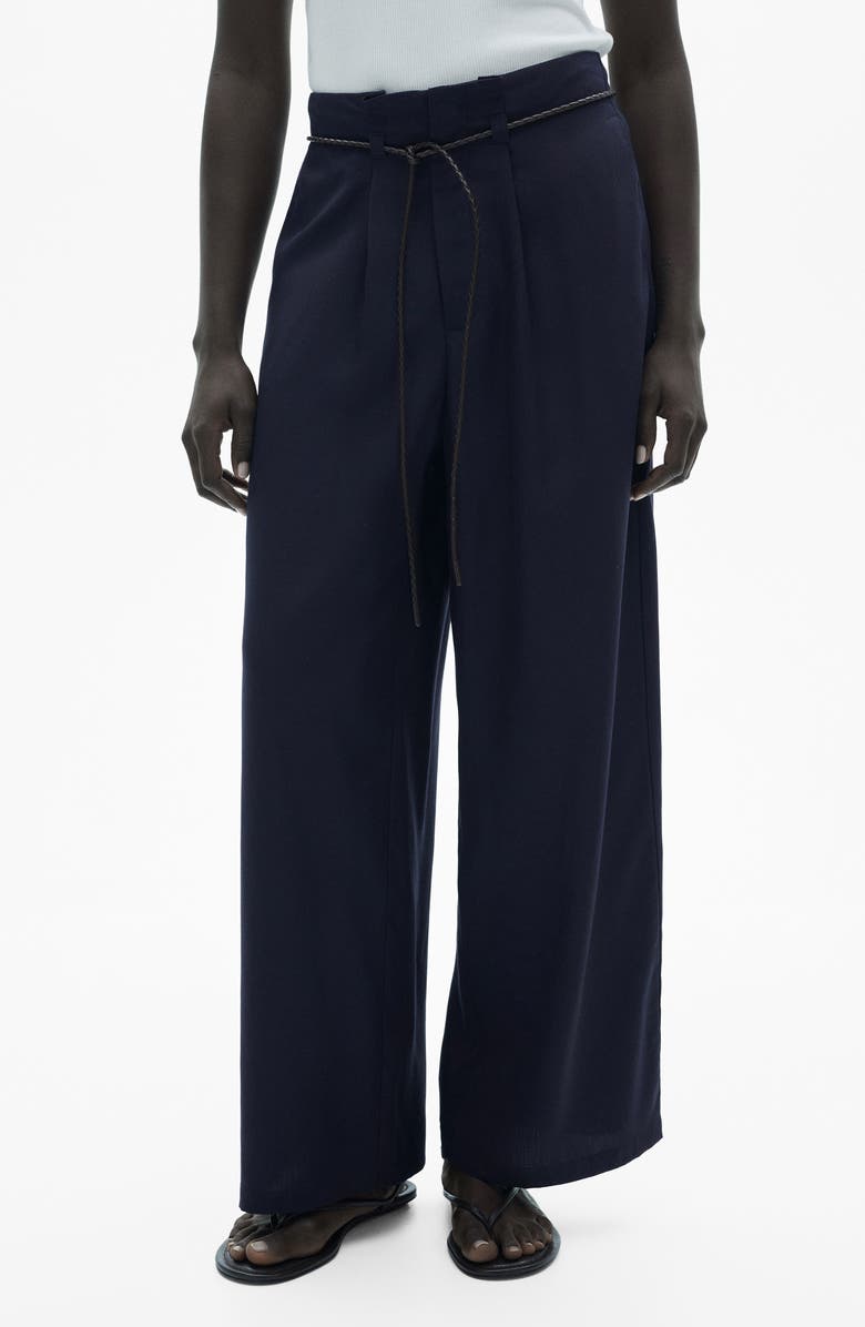 MANGO Pleated Wide Leg Pants, Main, color, Dark Navy