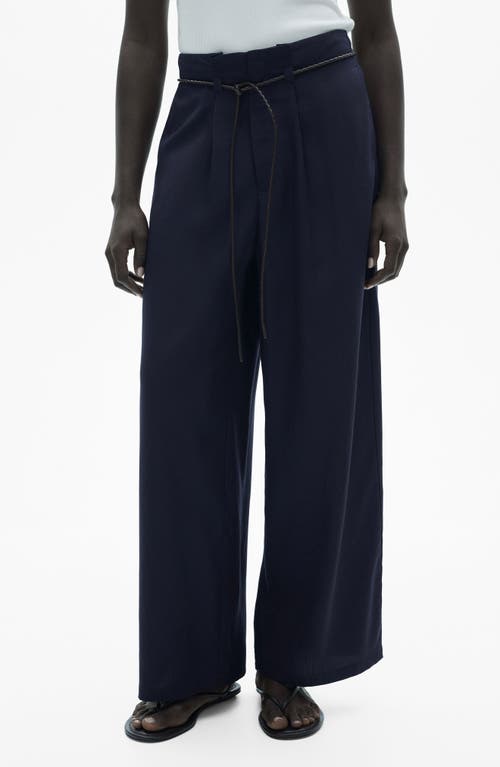 Mango Pleated Wide Leg Pants In Dark Navy