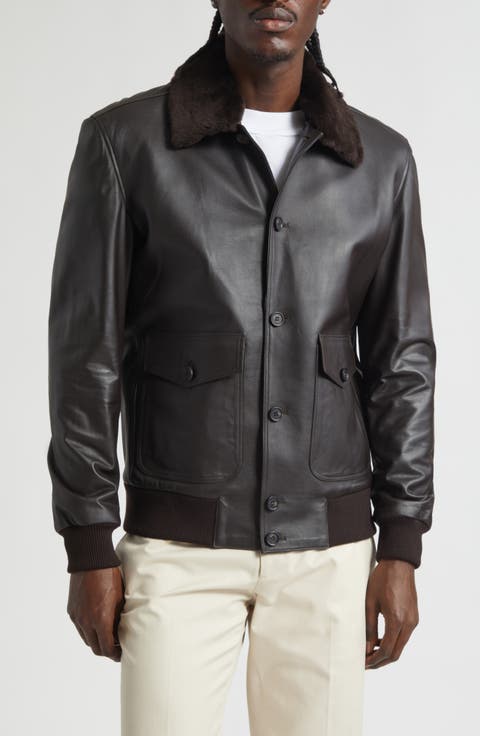 Leather Bomber Jacket with Genuine Shearling Collar