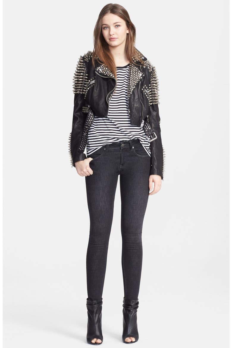 'Blickling' Studded Calfskin Leather Moto Jacket, Main, color, BLACK