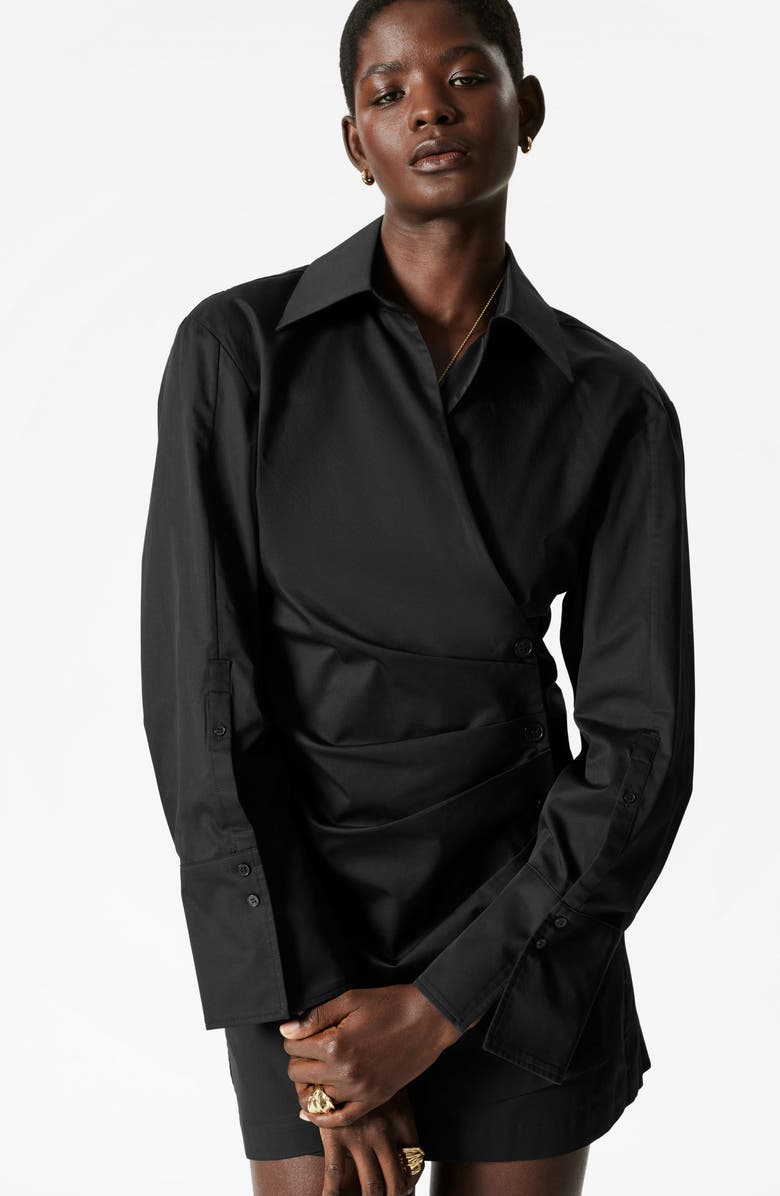 & Other Stories Ruched Long Sleeve Cotton Mini Shirtdress, Alternate, color, Black Dark