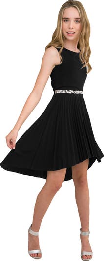 Pleated High Low Dress with Belt