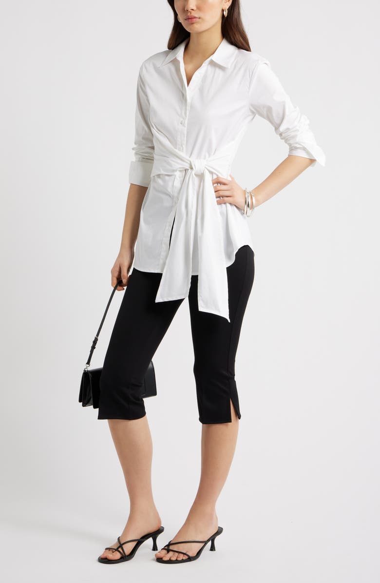 Open Edit Waist Tie Cotton Poplin Button-Up Shirt, Alternate, color, White