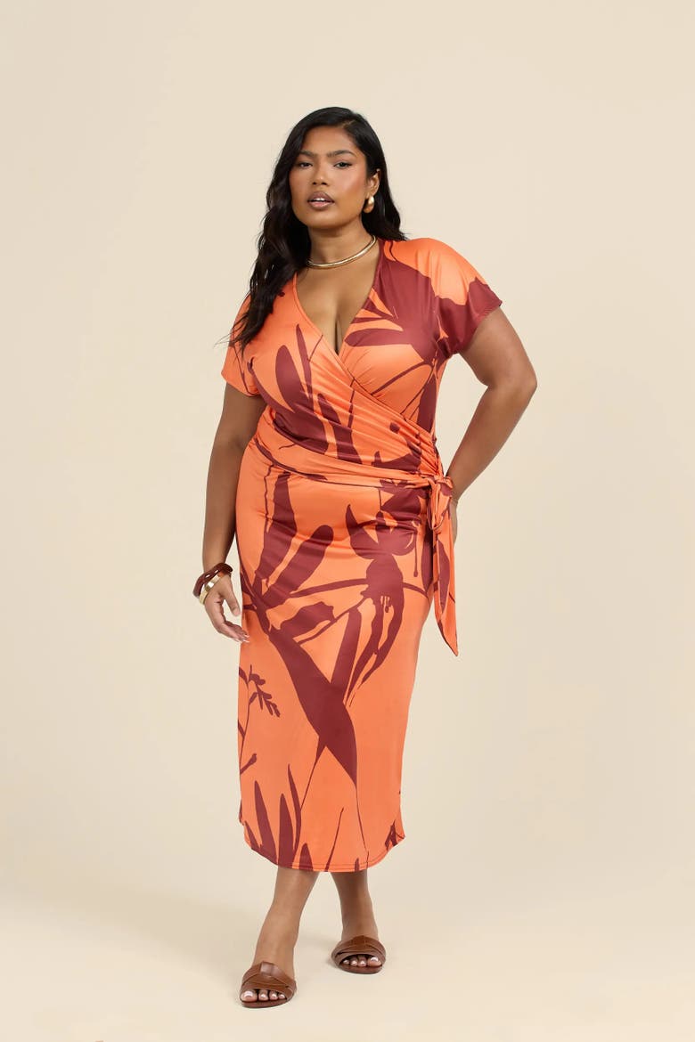 Plus Size Floral Wrap Jersey Midi Dress, Alternate, color, Orange