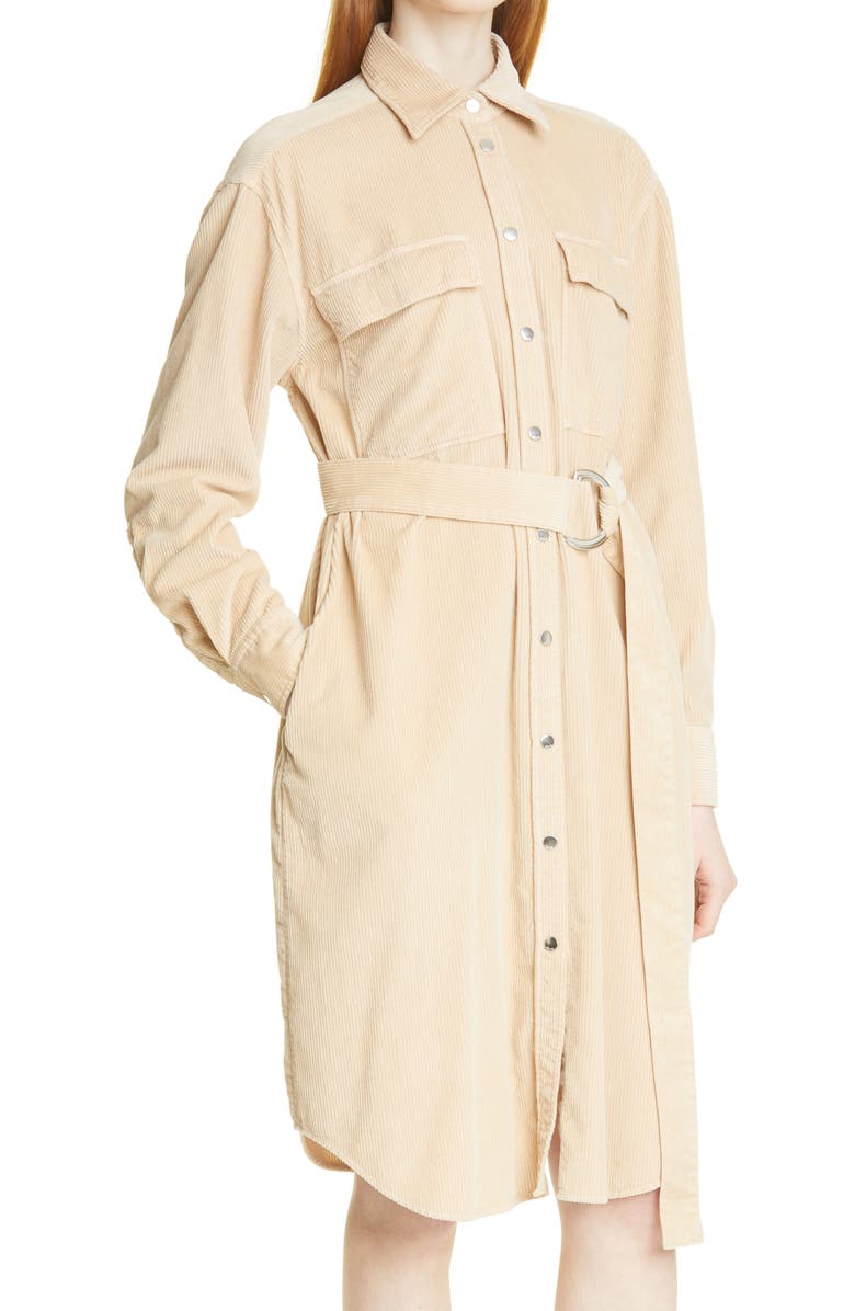 BOSS Desterig Belted Long Sleeve Corduroy Shirtdress, Alternate, color, Light Camel