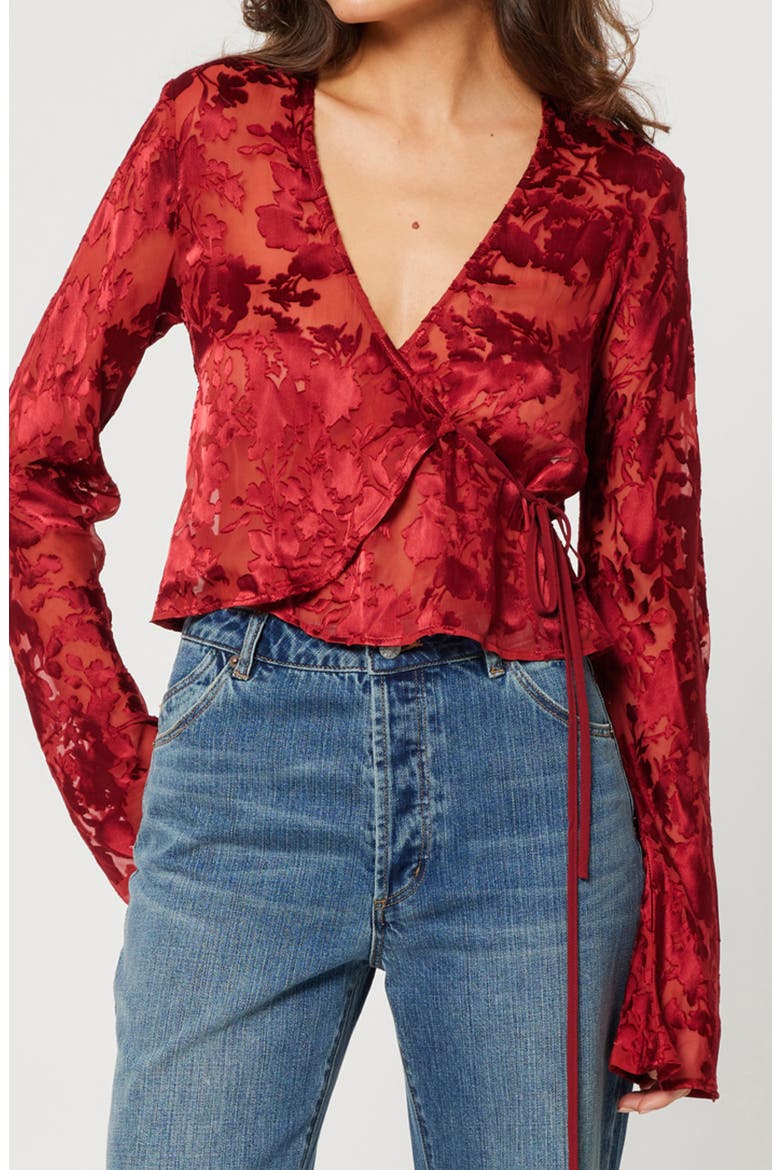 Rodeo Sheer Burnout Wrap Top, Alternate, color, RUBY
