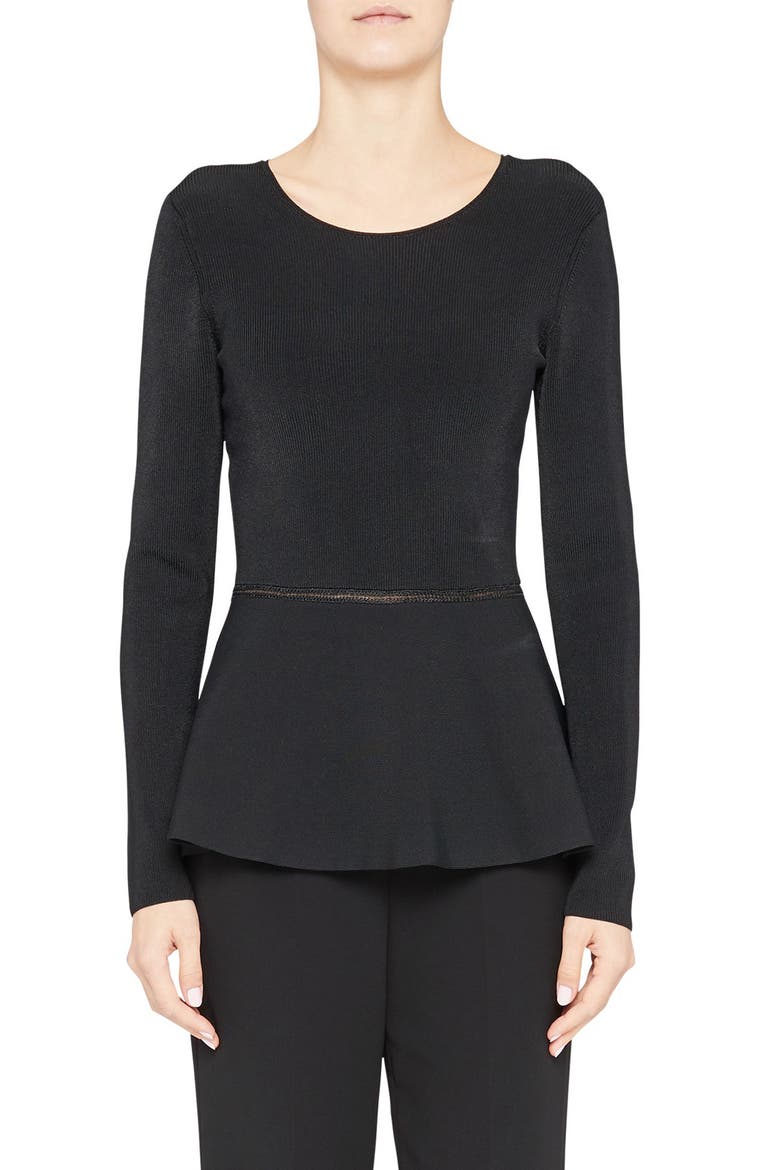 Compact Crepe Peplum Pullover, Main, color, BLACK