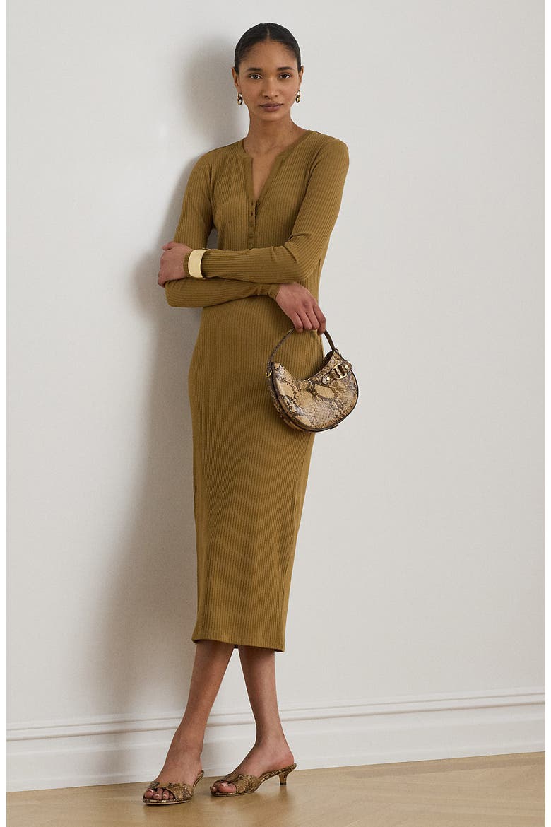 Long Sleeve Henley Midi Dress, Alternate, color, TOBACCO BRONZE BROWN