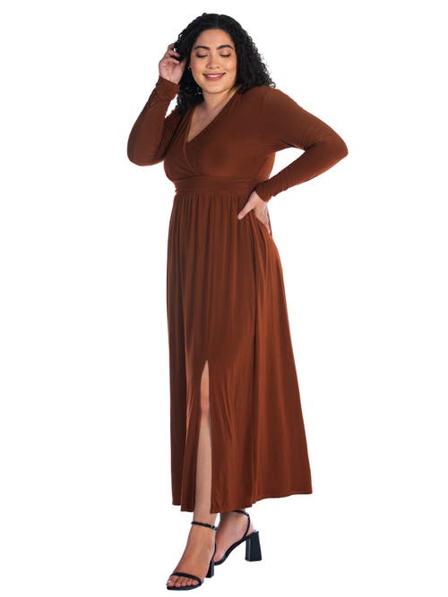 24seven Comfort Apparel Plus Size Long Sleeve V-neck Maxi Dress In Brown