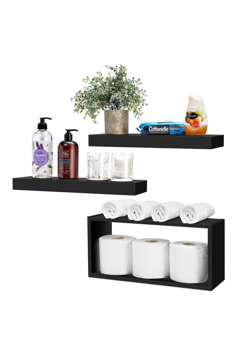 Set of 3 Floating Shelves, Alternate, color, BLACK