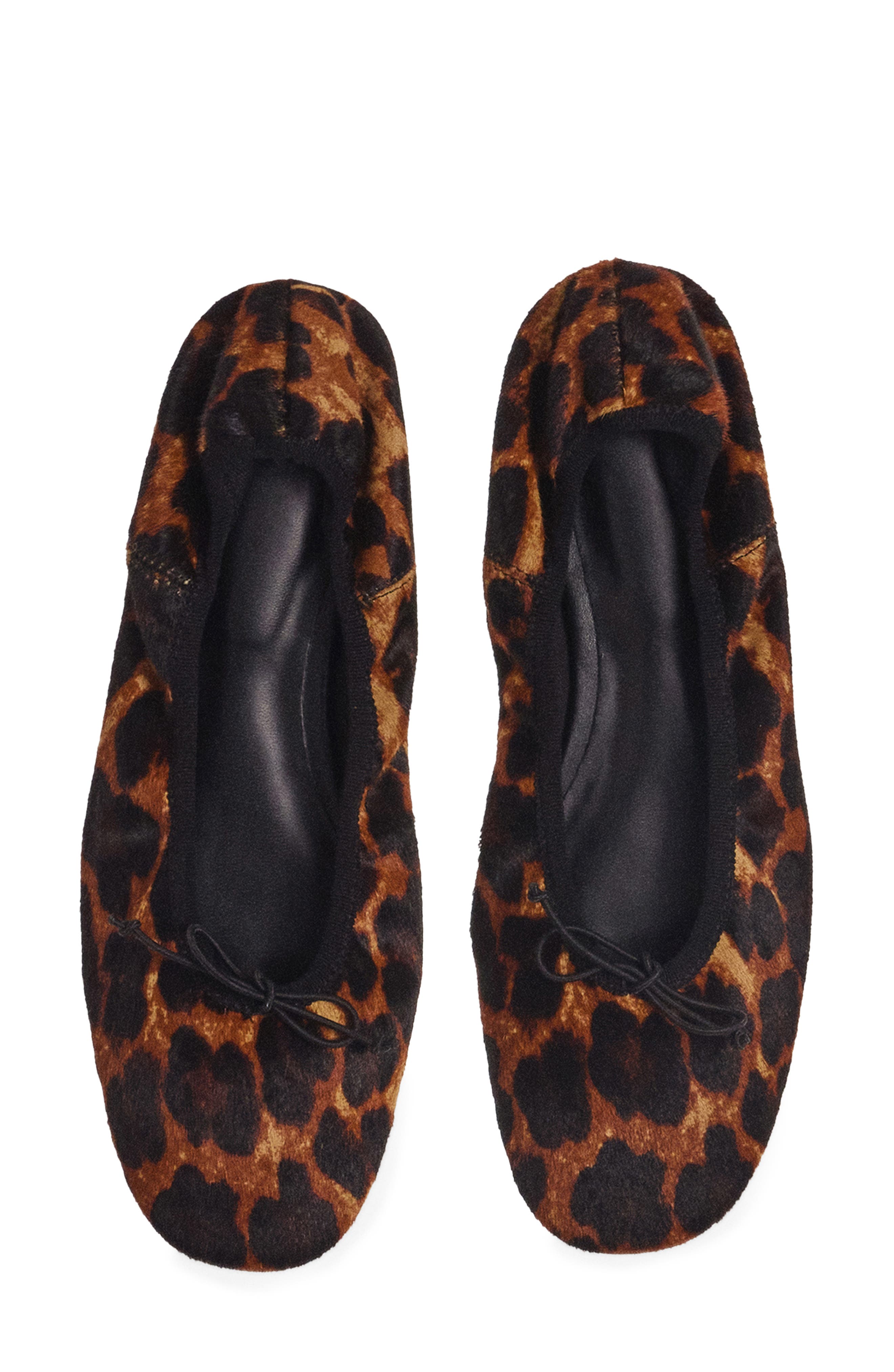 MANGO Leopard Print Genuine Calf Hair Ballerina Flat, Alternate, color, Black