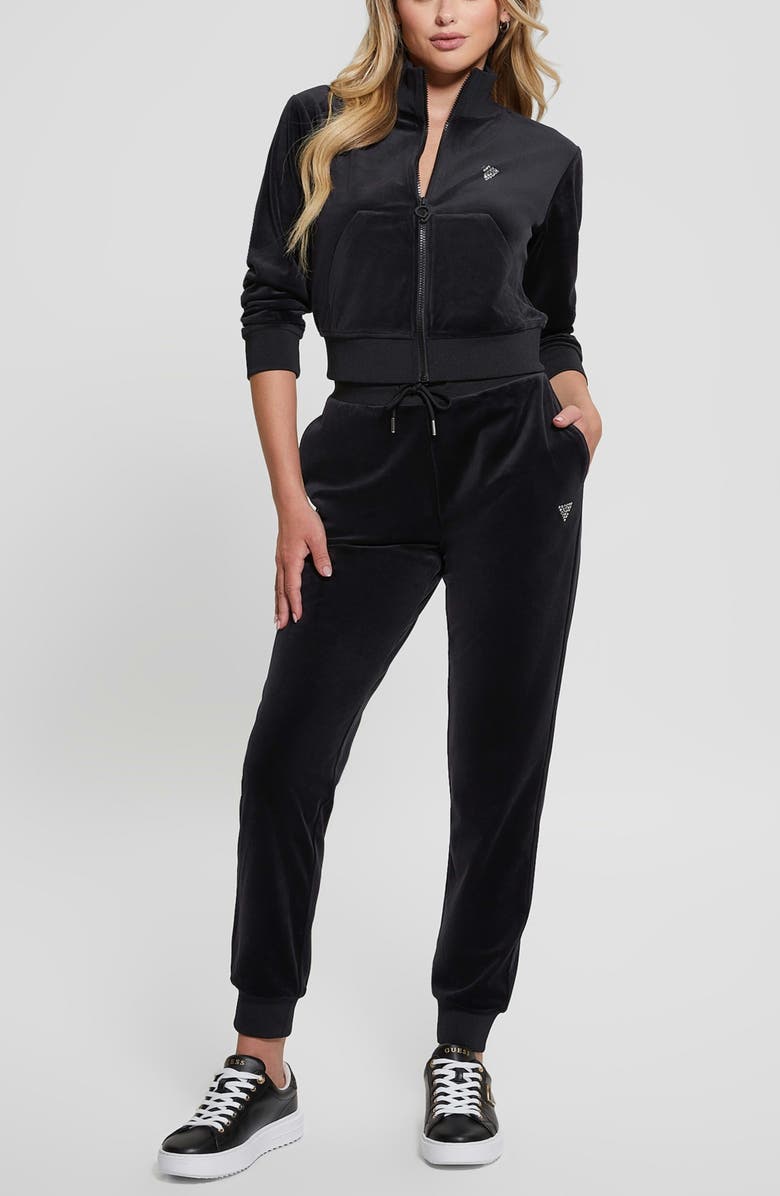GUESS Couture Velour Zip-Up Sweatshirt, Alternate, color, Black-Black