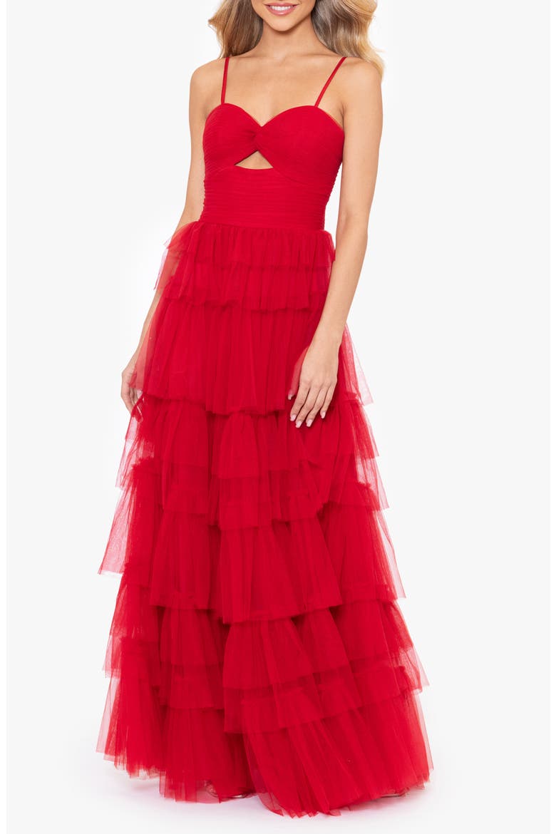 Tiered Ruffle Tulle Gown, Main, color, RED