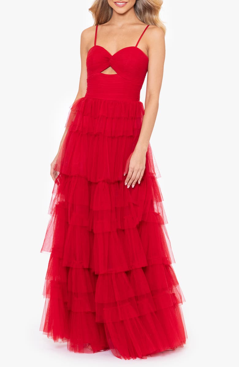Blondie Nites Tiered Ruffle Tulle Gown, Main, color, Red