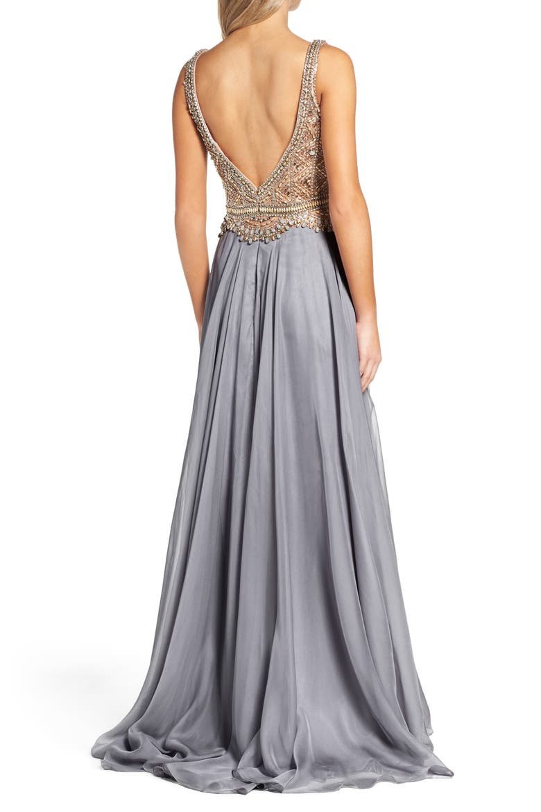 Beaded Chiffon Ballgown, Alternate, color, PLATINUM
