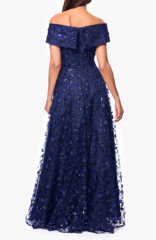 Xscape Evenings Sequin Floral Appliqué Off The Shoulde Gown In Navy
