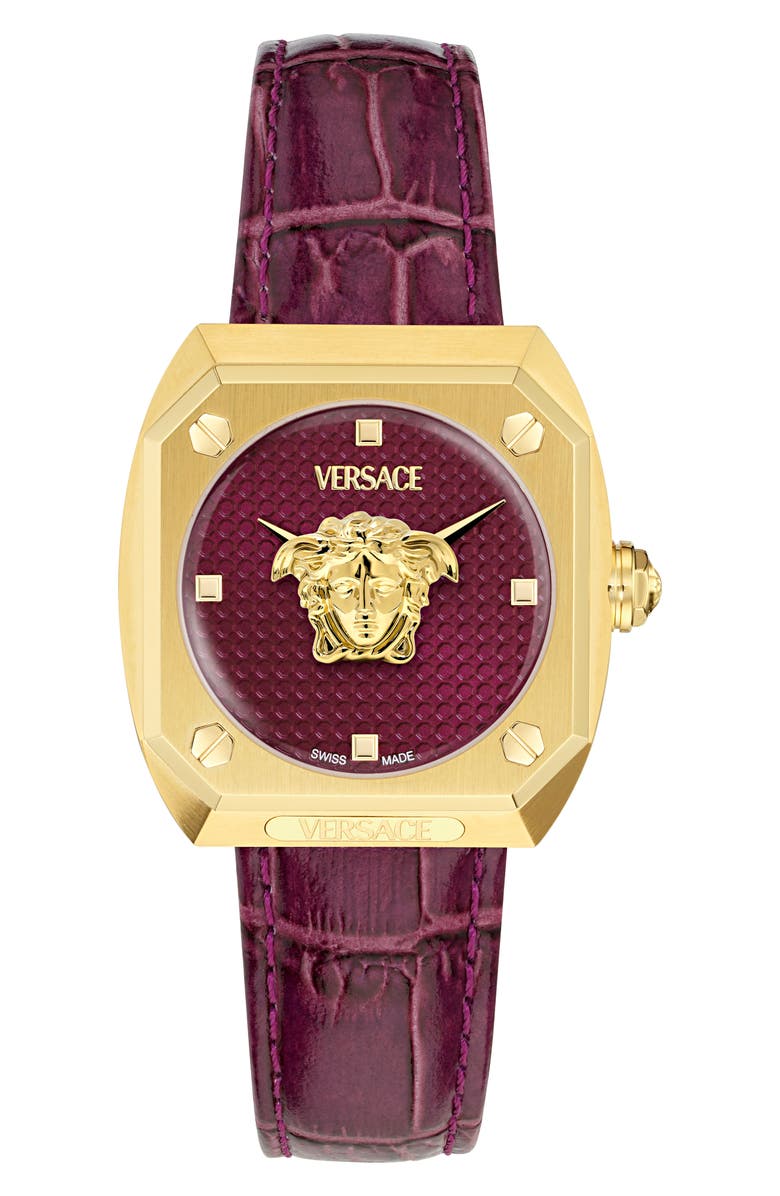 Versace Antares Leather Strap Watch, 35mm, Main, color, Ip Yellow Gold
