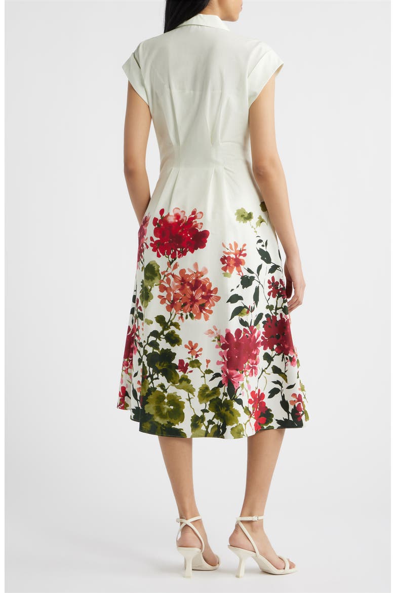 Floral Placement Pleated Stretch Cotton Midi Shirtdress, Alternate, color, IVORY MULTI