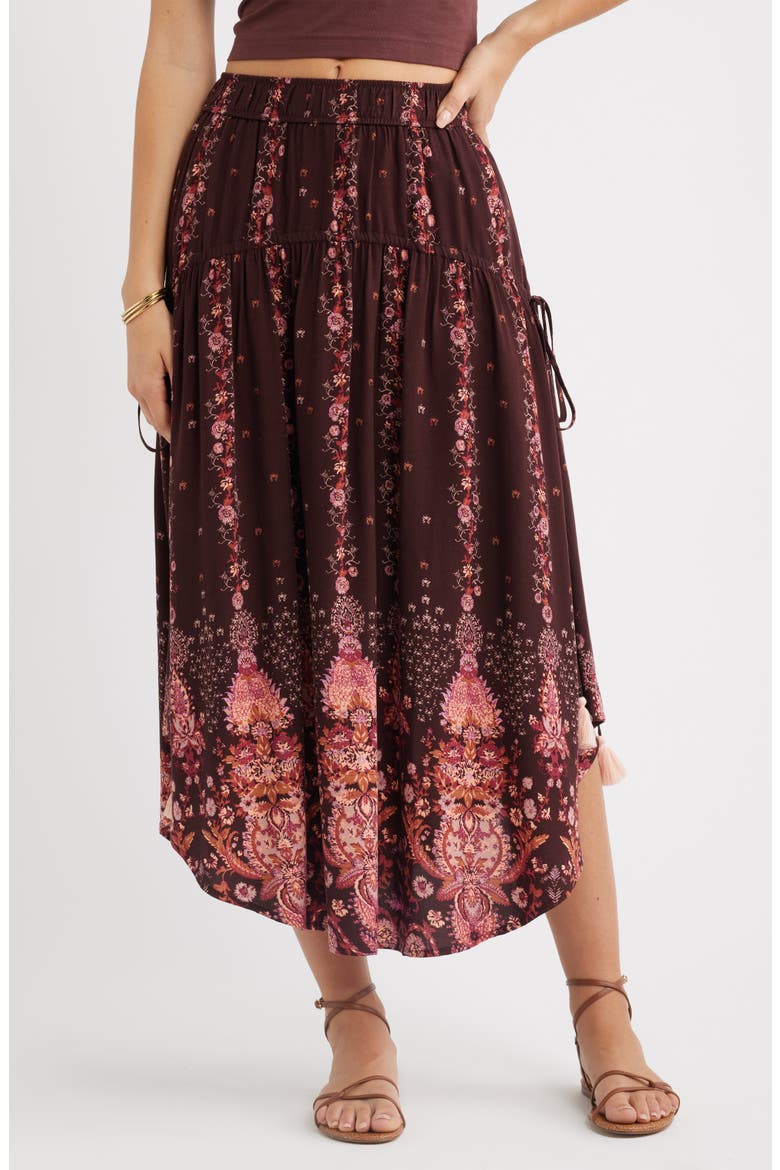 Scarf Print Drop Waist Midi Skirt, Main, color, BURGUNDY BLOSSOM BORDER