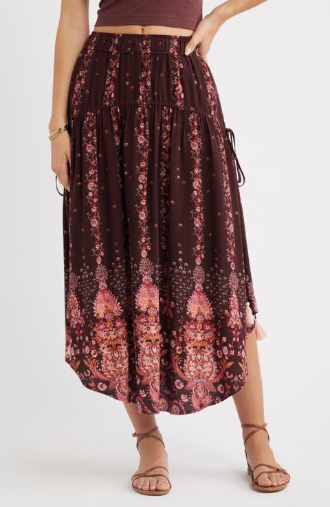 Scarf Print Drop Waist Midi Skirt