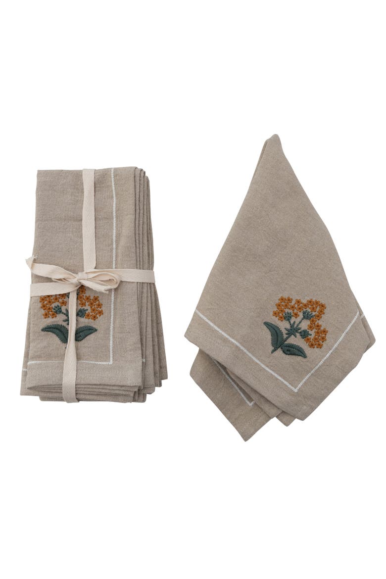 Cotton Napkins with Floral Embroidery and French Knots, Set of 4, Multicolor, Main, color, Tan