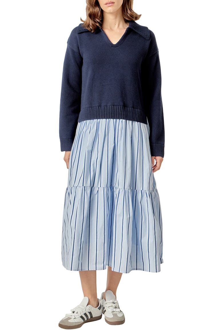 Mixed Media Long Sleeve Midi Dress, Main, color, NAVY BLUE STRIPES