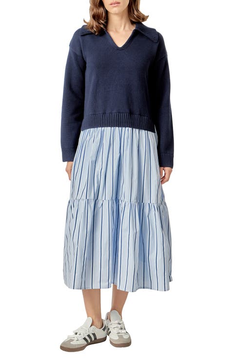 Mixed Media Long Sleeve Midi Dress