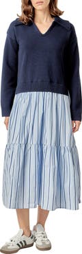 English Factory Mixed Media Long Sleeve Midi Dress
