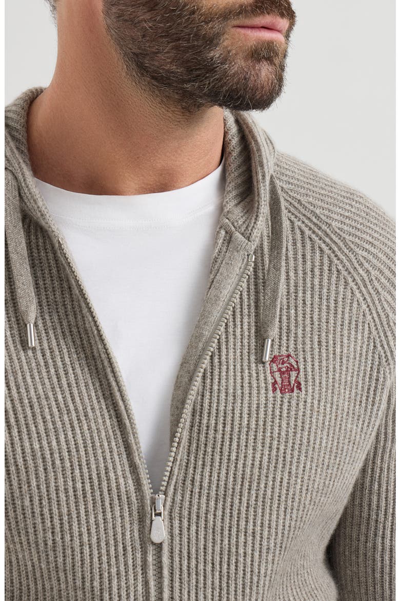 Cashmere English rib hooded knit sweatshirt with logo and zipper, Alternate, color, Stone Grey