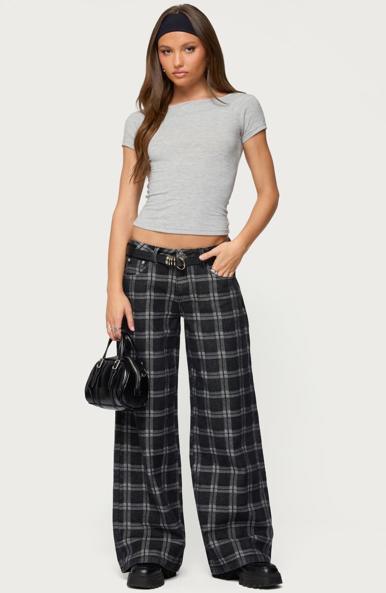 EDIKTED Kailani Plaid Low Rise Baggy Wide Leg Jeans, Alternate, color, Black