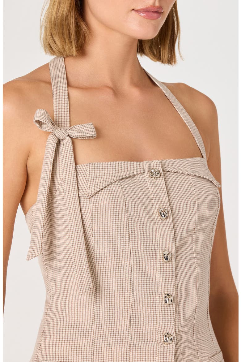 Cithara Gingham Halter Neck Peplum Top, Alternate, color, TAN CHECKER