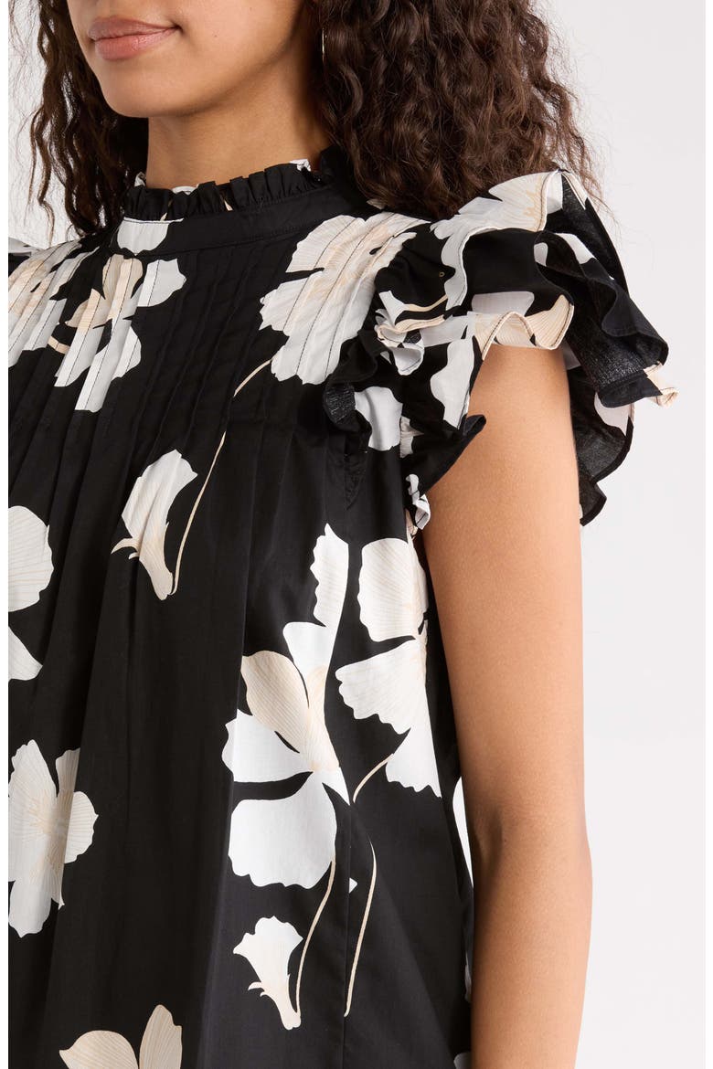 Medina Floral Pleated Flutter Sleeve Shift Minidress, Alternate, color, BLACK GREY
