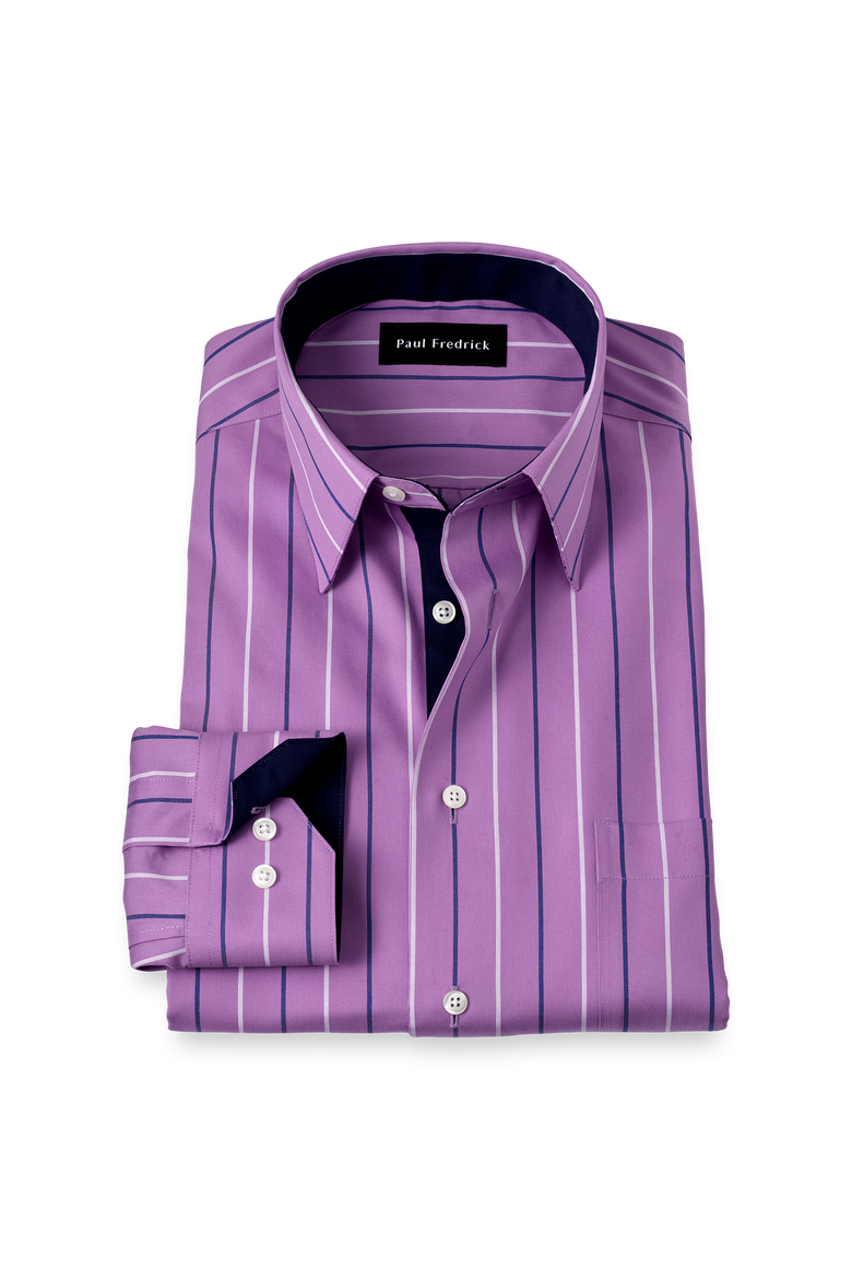 Cotton Point Collar Pinpoint Tailored Contrast Trim Button Cuff Long Sleeve, Main, color, Purple