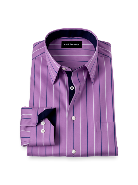 Cotton Point Collar Pinpoint Tailored Contrast Trim Button Cuff Long Sleeve