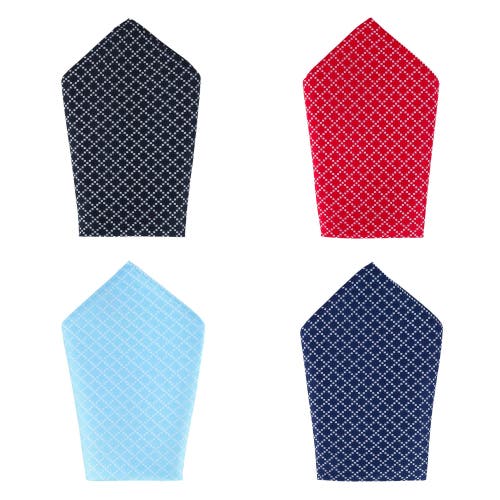 Trafalgar Rowan Geometric Pattern 12 x 12 Silk Pocket Square Set in Black, Blue, Navy, Red 