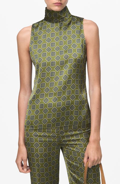 Geometric Print Sleeveless Turtleneck Top