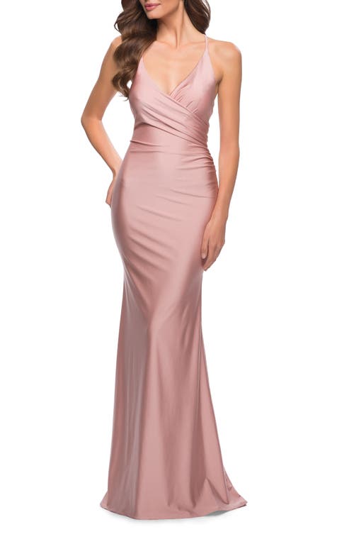 La Femme Fitted Long Jersey Gown With Criss Cross Bodice In Pink