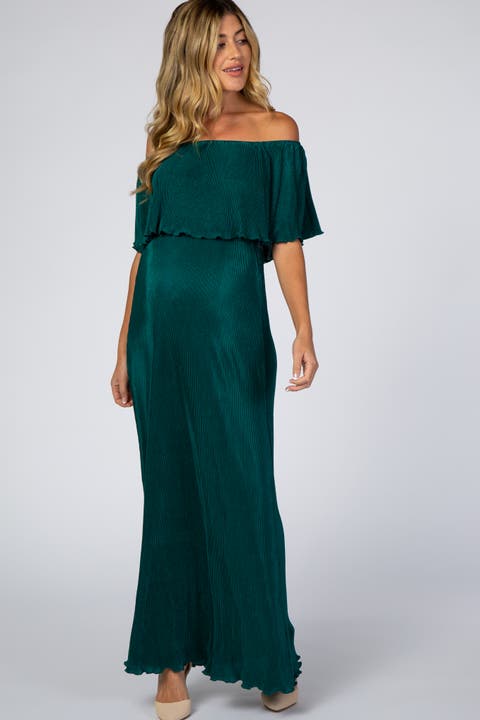 Pleated Ruffle Off Shoulder Maxi Dress