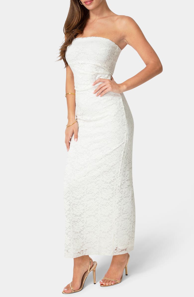 bebe Lace Strapless Maxi Dress, Alternate, color, Ivory
