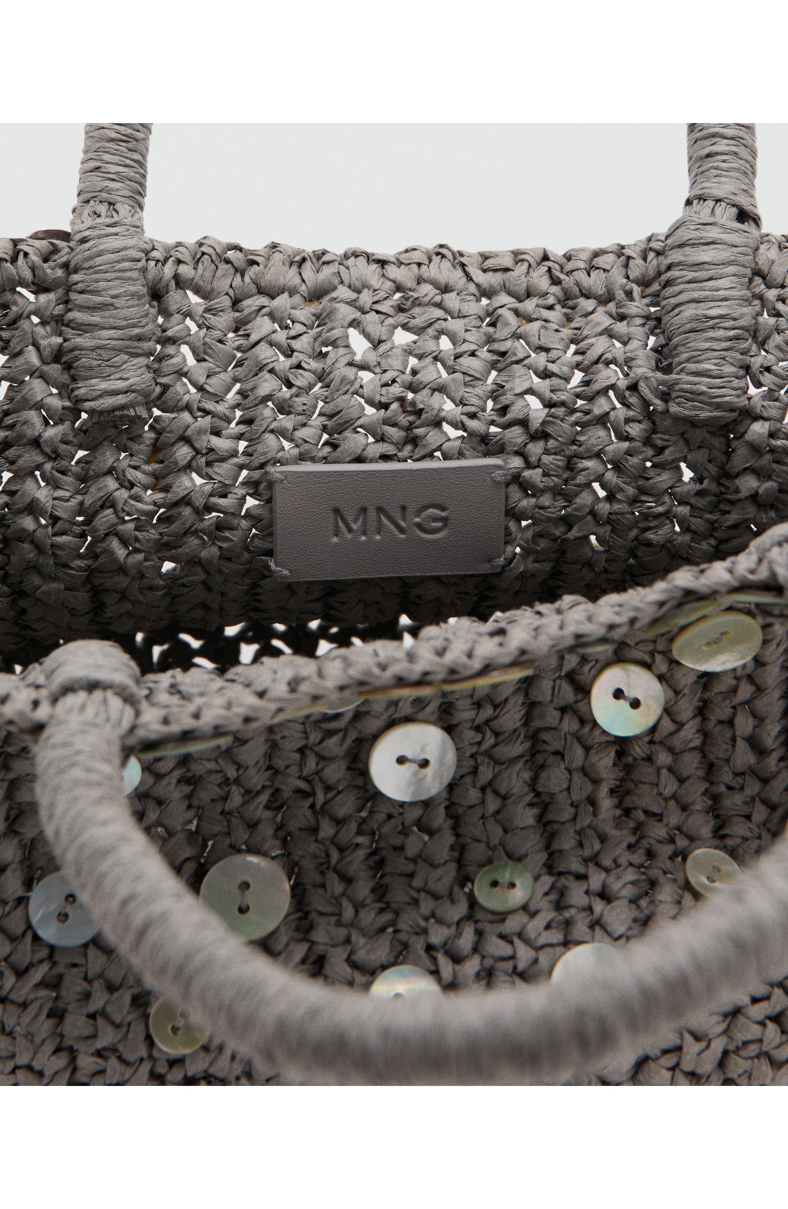 MANGO Button Detail Natural Fiber Top Handle Bag, Alternate, color, Light/ Pastel Grey