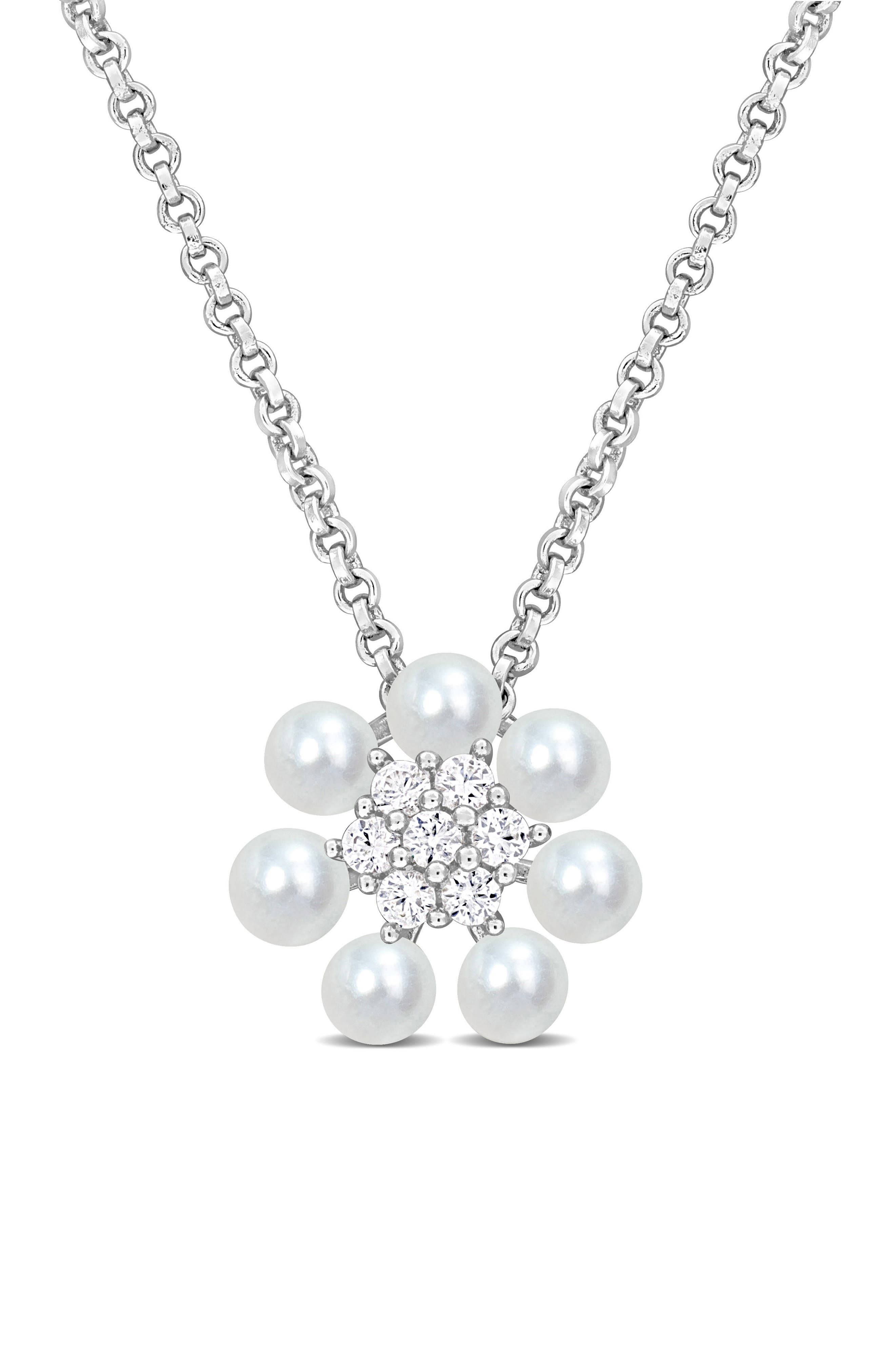 DELMAR Flower Diamond & Freshwater Pearl Pendant Necklace